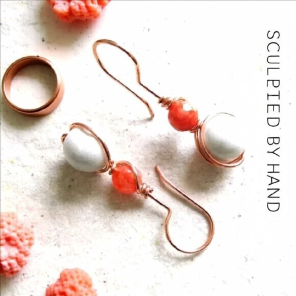 Uniquely Handmade Earrings: Lively Glowing Orange & Creamy White Stone w. Copper